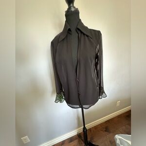 Vintage Elegant Black Sheer Blouse with Green Striped Cuffs